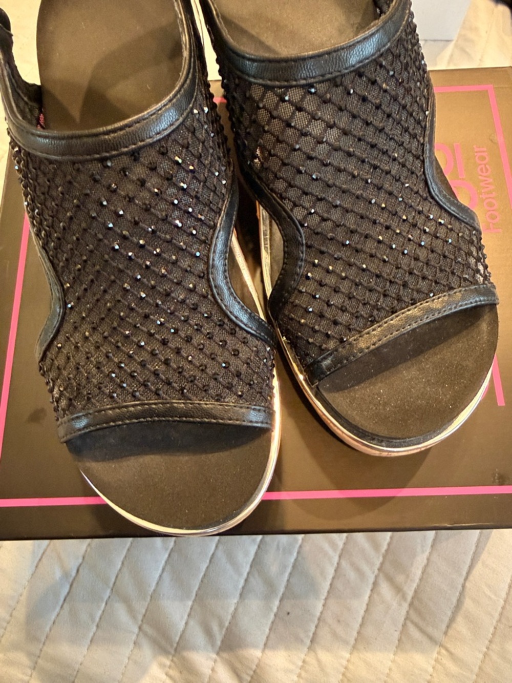 Corkys Black Mesh Sparkle Slingback Wedge Sandals with Cork Platform - Picture 4 of 4